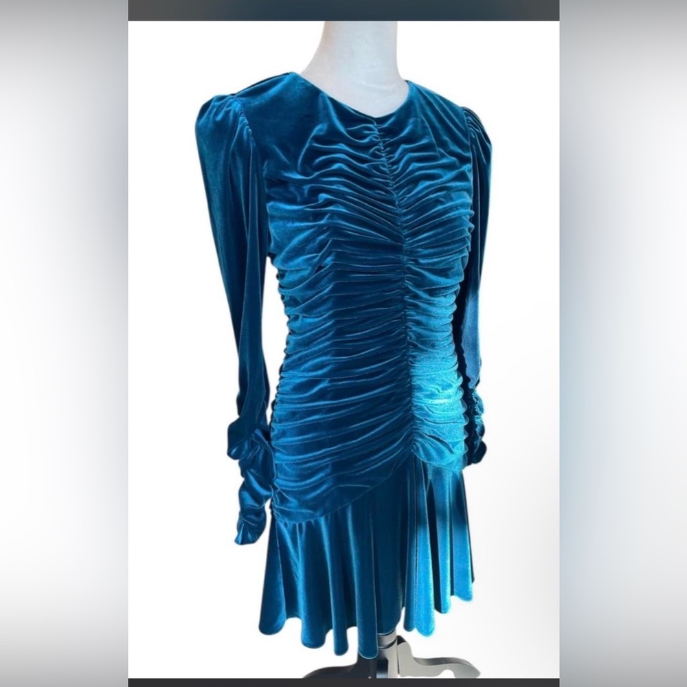 Monique Lhuillier blue velvet ruched mini dress.